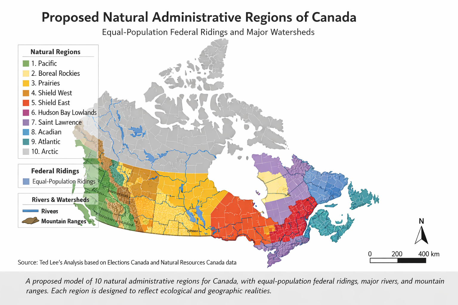 Map of Canada showing 10 proposed natural administrative regions
           defined by watersheds, mountain ranges, and ecozones, with
           343 equal-population federal ridings. Regions color-coded:
           Pacific Maritime (green), Cordillera Interior (gold),
           Prairie Grasslands (warm gold), Northern Shield (forest green),
           Arctic Archipelago (steel blue), Hudson Bay Lowlands (navy),
           Great Lakes-St. Lawrence (dark red), Laurentian Highlands (purple),
           Atlantic Maritime (teal), Newfoundland Coast (burnt orange).