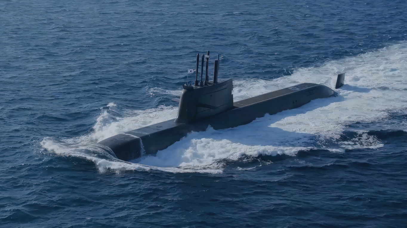 ROKS Dosan Ahn Changho (KSS-III) at a commissioning ceremony — the largest conventional submarine built in South Korea, displacing over 3,000 tonnes submerged and capable of launching ballistic or cruise missiles from vertical launch tubes. By 방위사업청 - Defense Acquisition Program Administration (DAPA) - https://www.dapa.go.kr/common/nttFileDownload.do?fileKey=c2a8379c4e415d9d6ecff6352ba23f68 – 