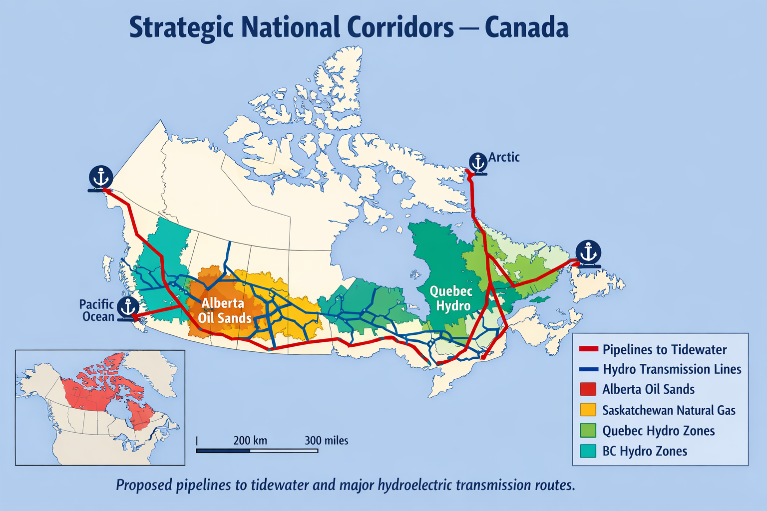 Map of Canada showing proposed Strategic National Corridors — pipelines to tidewater (Pacific, Atlantic, Arctic), major hydroelectric transmission lines, and areas of high energy production (Alberta oil sands, Saskatchewan natural gas, Quebec and B.C. hydro). Colour-coded by energy type.