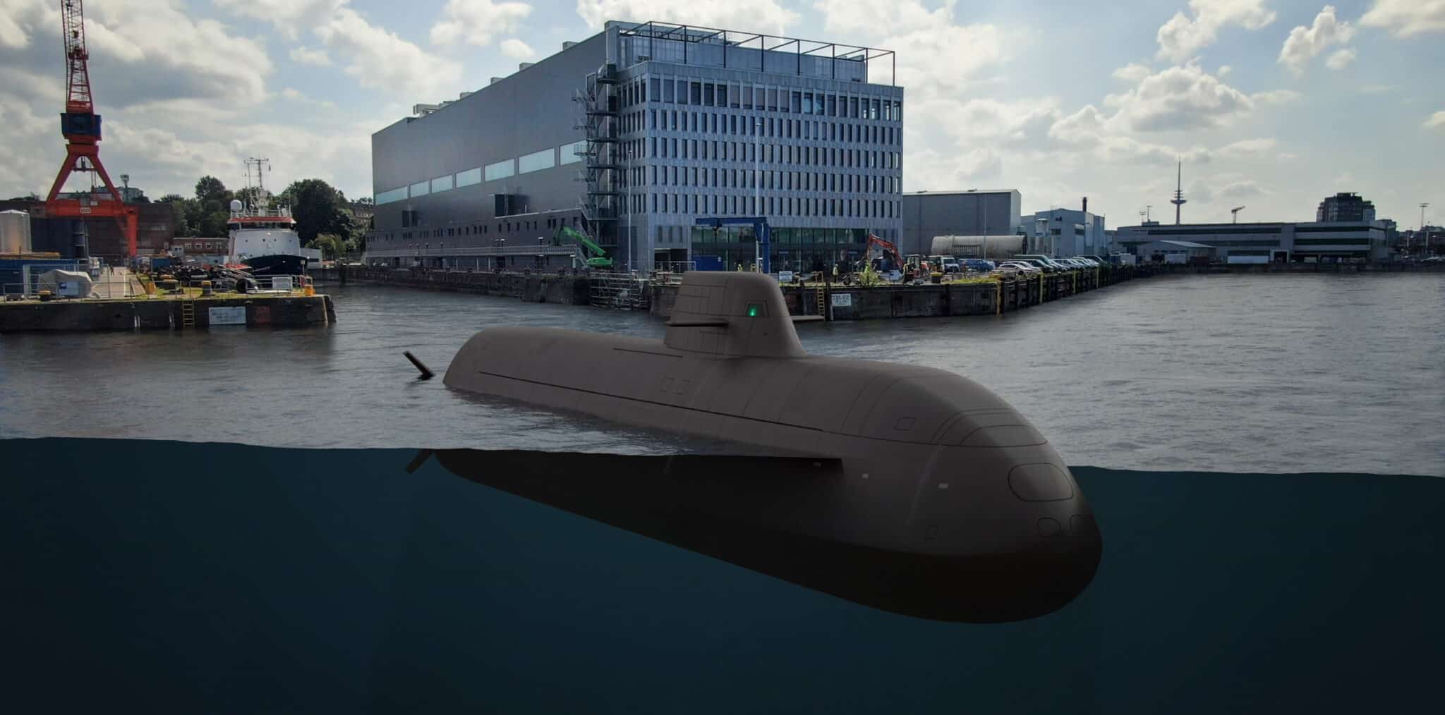 German Type 212 submarine docked at a naval facility — a compact, highly stealthy conventional submarine equipped with hydrogen fuel-cell air-independent propulsion for extended submerged endurance.